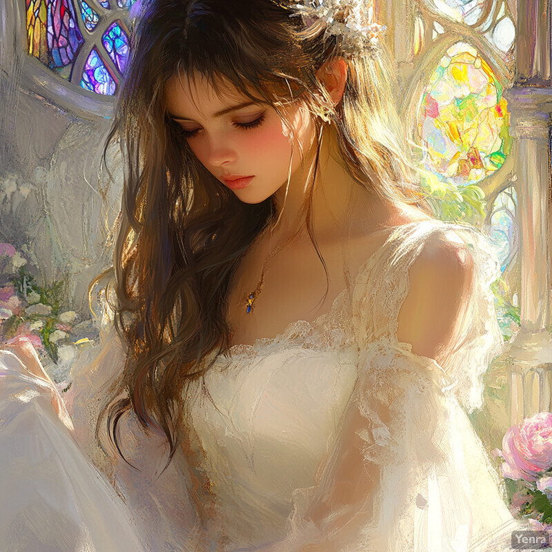 A serene scene of a woman in a white wedding gown surrounded by flowers and greenery