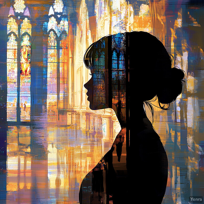 A woman stands in front of a large stained glass window, her profile visible against the vibrant backdrop.