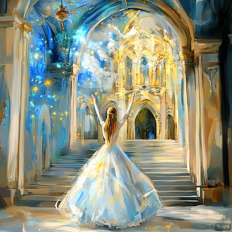 A woman stands confidently in front of an archway, her hands raised to the sky as if in prayer or contemplation.