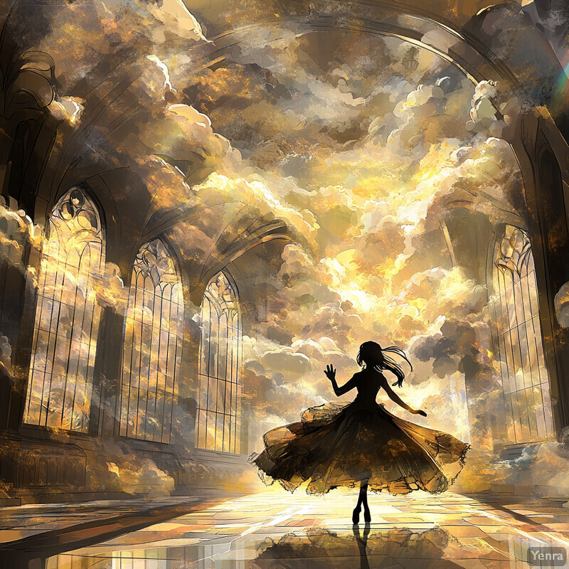 A woman stands in front of an ornate window with a cloudy sky and sunlight streaming through it.