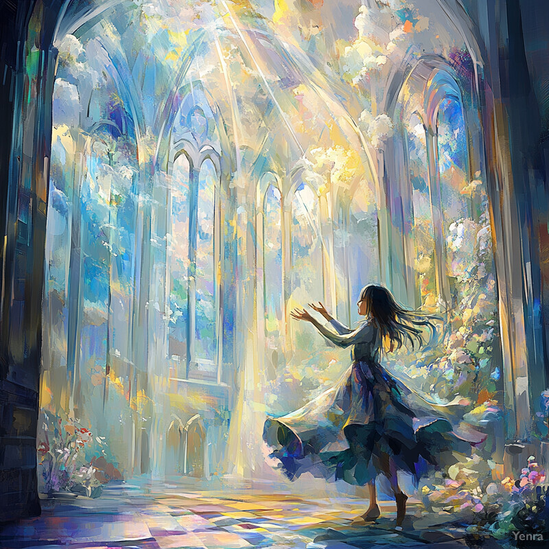 A young woman stands at the center of an ornate cathedral, surrounded by soft natural light and vibrant colors.