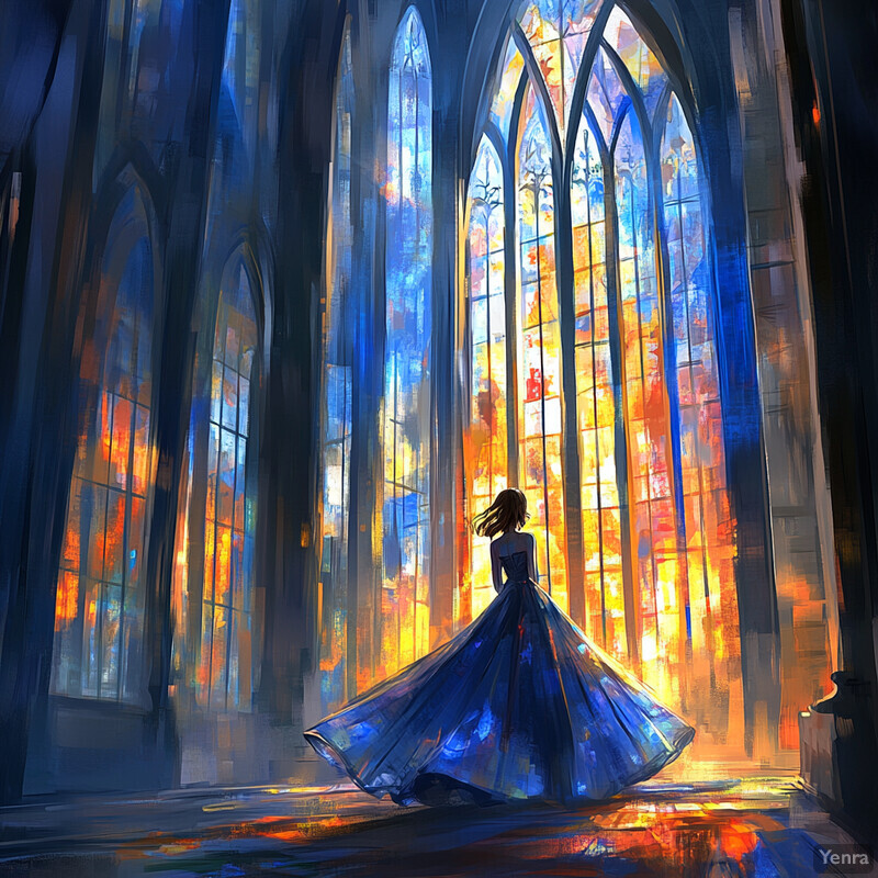 A woman in a blue ballgown stands before an ornate stained-glass window, surrounded by mirrors on polished wooden floors.