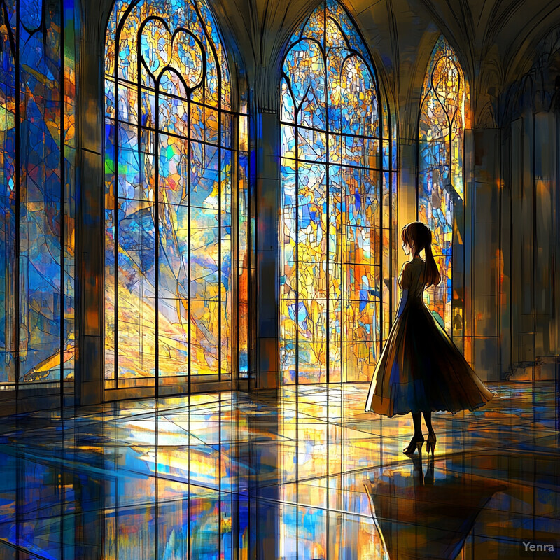 A woman stands in front of a large stained-glass window, gazing out at the vibrant colors and patterns outside.