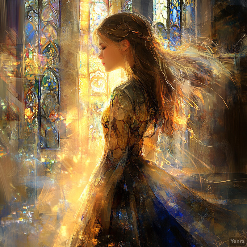 A young woman with long brown hair stands in front of a stained glass window, dressed in a flowing dress that reflects the light from the window.