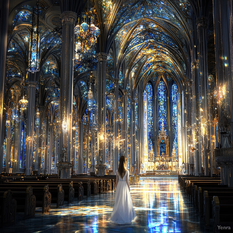 A woman in white stands in a grand church with stained glass windows and high ceilings.