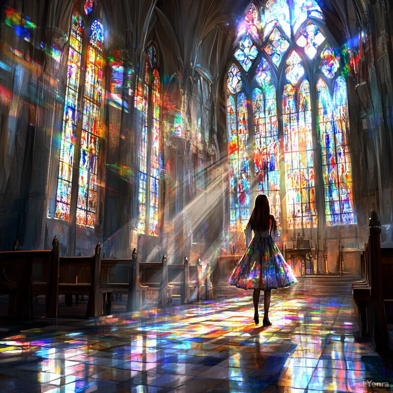 A woman stands in a grand church with stained glass windows, looking outside the frame.