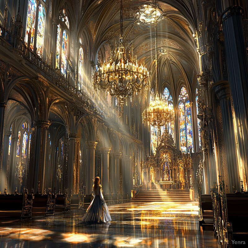 A woman stands in an ornate hall with gold accents, statues, and stained glass windows, surrounded by candles and flowers on a pedestal.