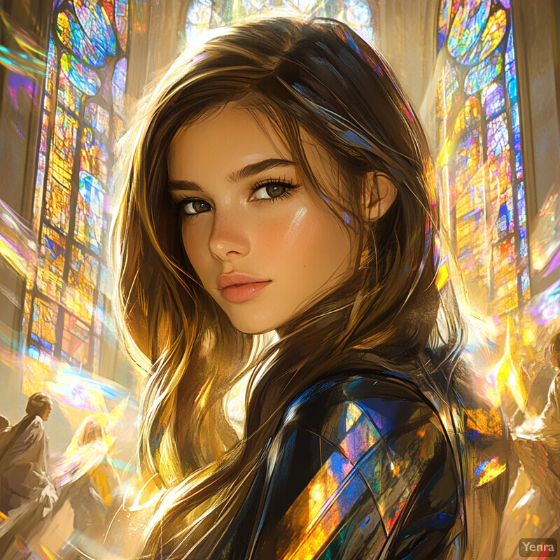 A young woman stands in front of a stunning stained glass window, her dark hair falling down her back and her black shirt catching the light.