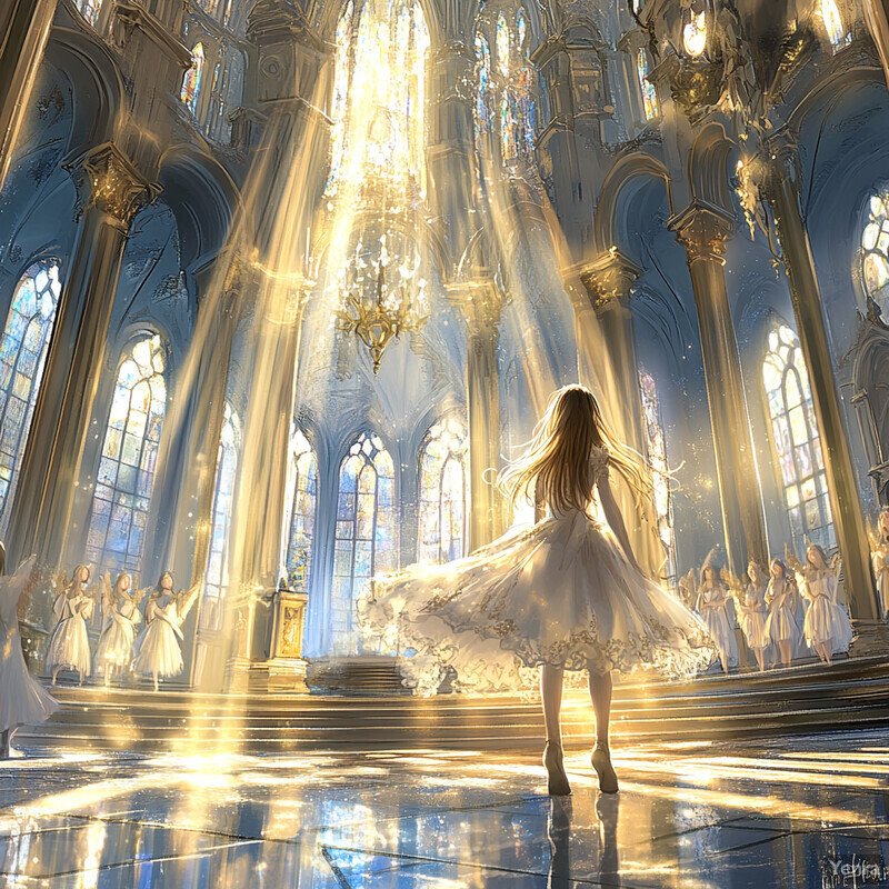 A woman stands in front of a grand cathedral, gazing upward toward the light emanating from above.