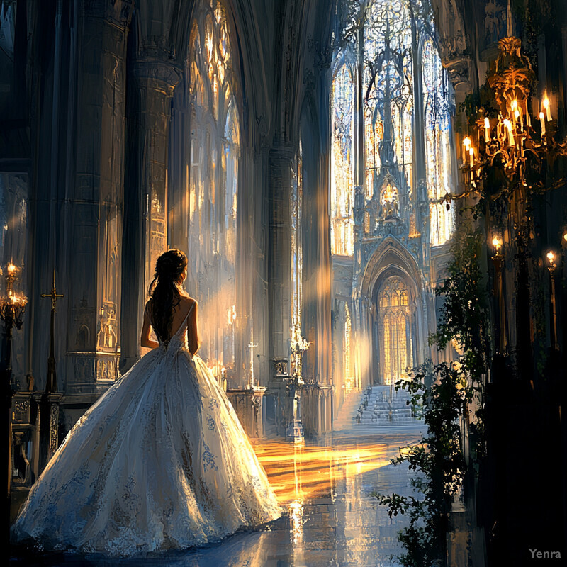 A woman in a wedding dress stands in an ornate church or cathedral, gazing out at a stained glass window.