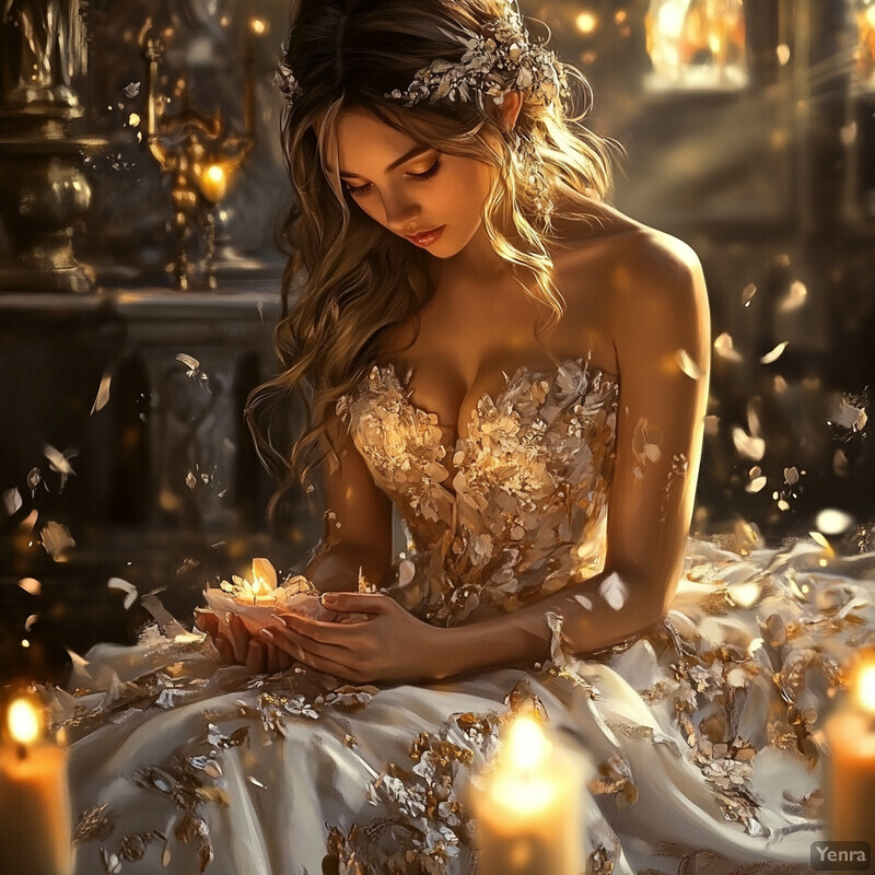 A woman in a white dress sits on a couch surrounded by candles and flowers, exuding peace and tranquility.