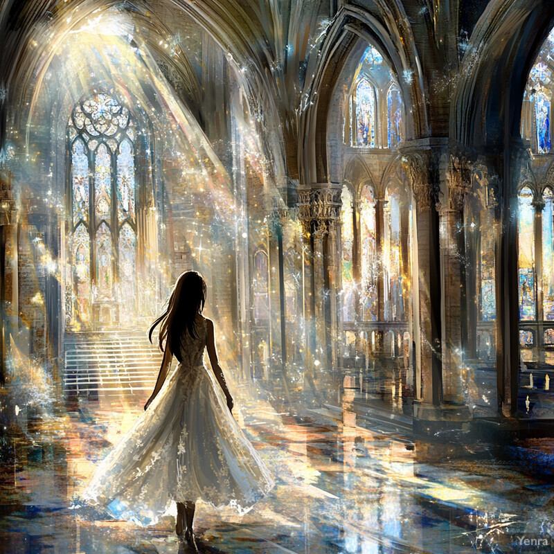 A woman in a white dress stands in an ornate cathedral with arched windows and stone columns