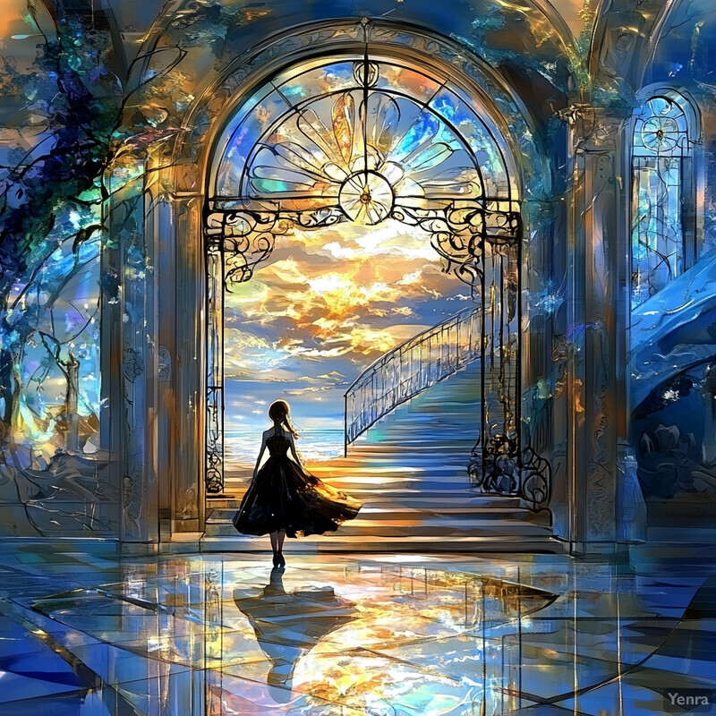 A woman in a black dress stands at the entrance of an ornate archway, gazing out at a sunset over the ocean.