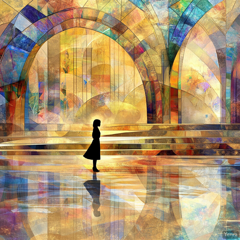 A woman stands in front of an archway made up of colorful glass or stone.