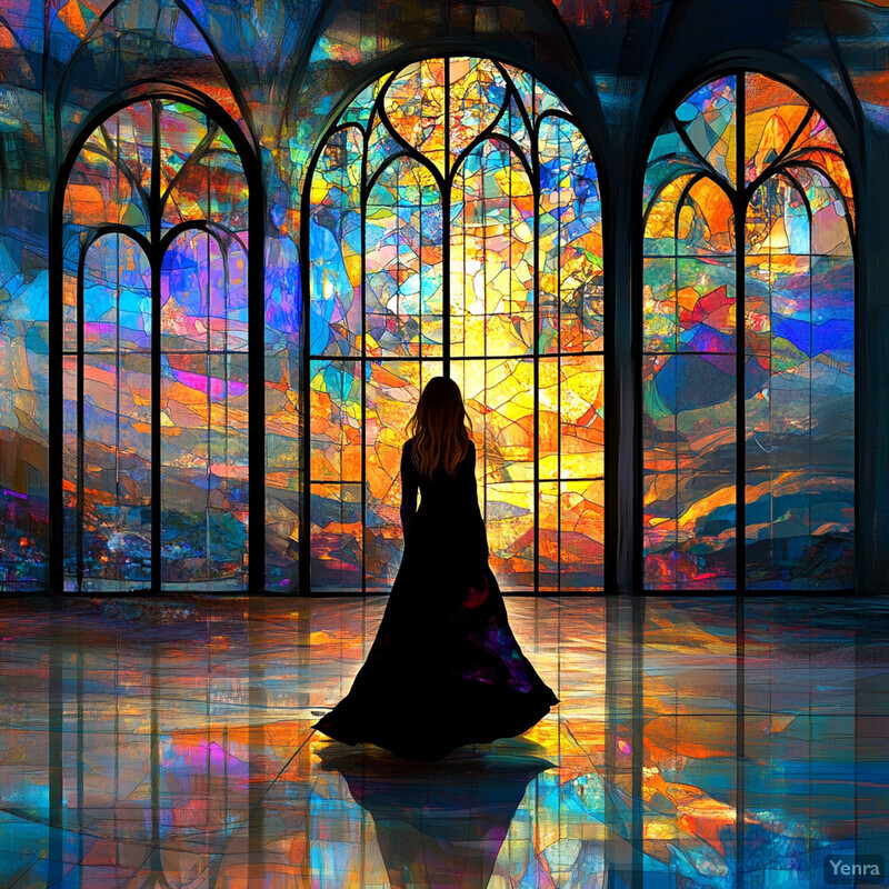 A woman stands in front of a large stained glass window, gazing out at the sky.