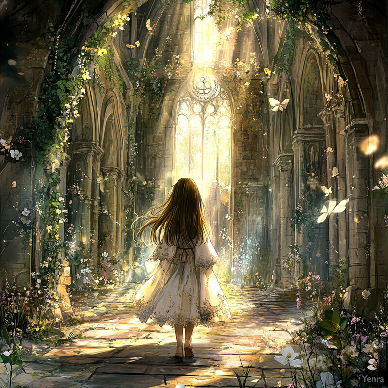 A young girl walks through an arched stone passageway