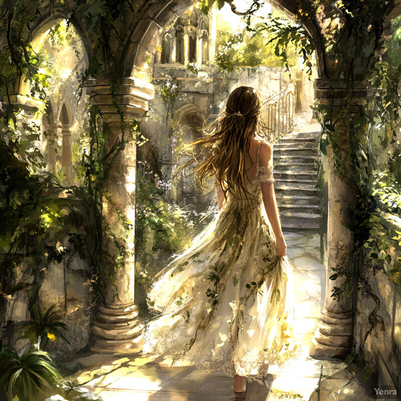 A woman in a flowing white dress walks through an arched stone courtyard or garden surrounded by lush greenery and flowers.