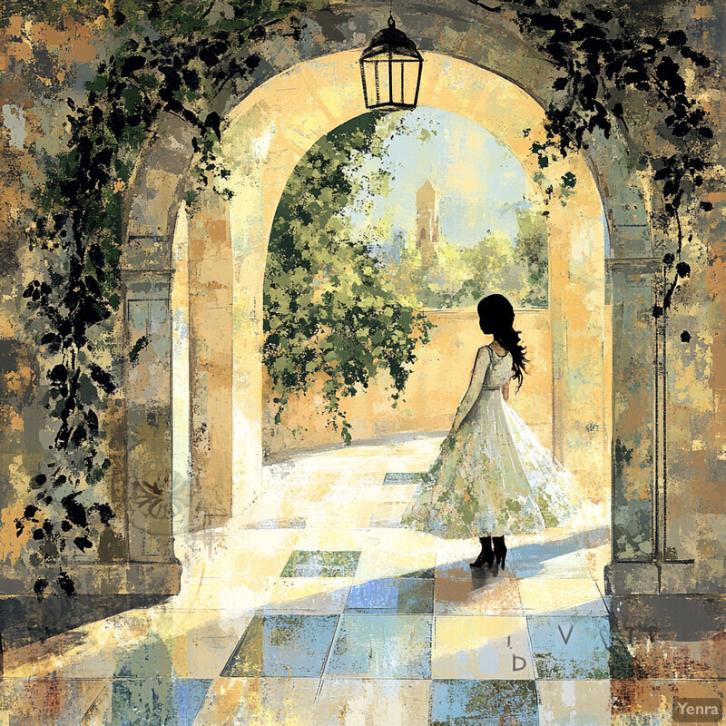 A young girl stands in front of an archway, gazing out at a peaceful courtyard scene with trees, flowers, and a fountain.