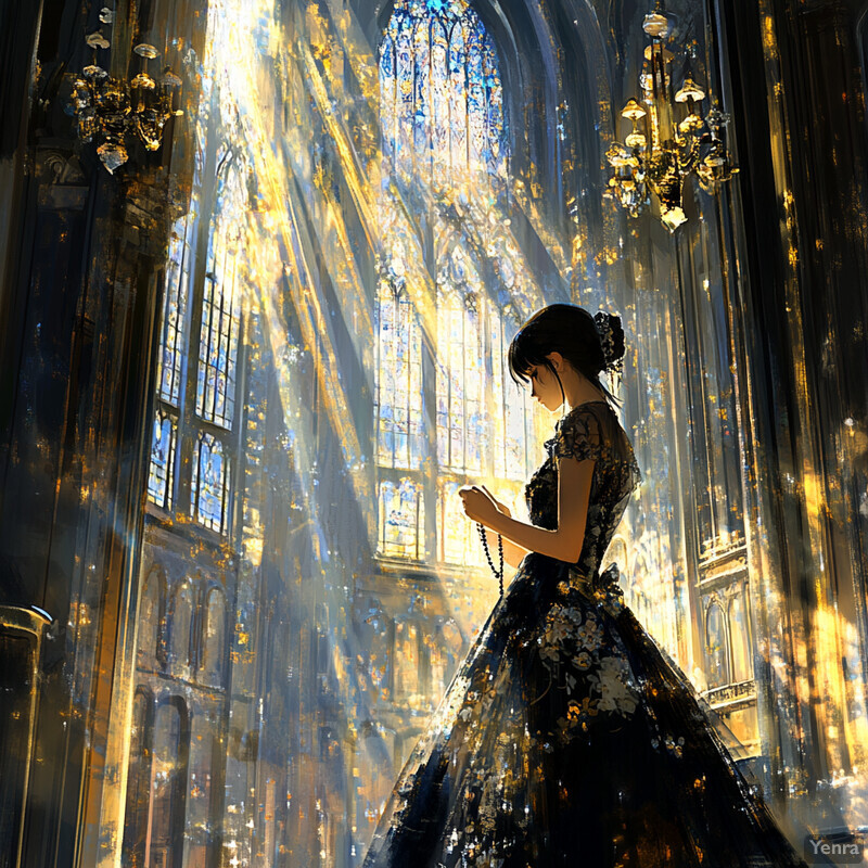 A woman stands in front of an ornate window, gazing out at the cityscape with a contemplative expression.