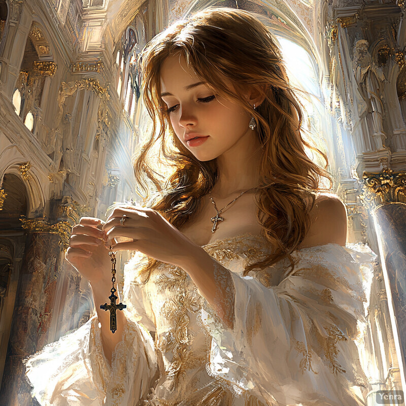 A woman in a white dress holds a rosary in front of an ornate church interior.