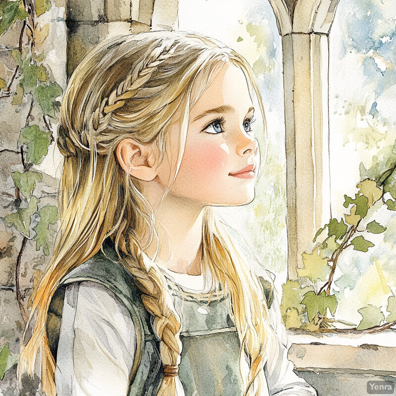 A young girl with long blonde hair gazes out of a window adorned with ivy, surrounded by natural elements.