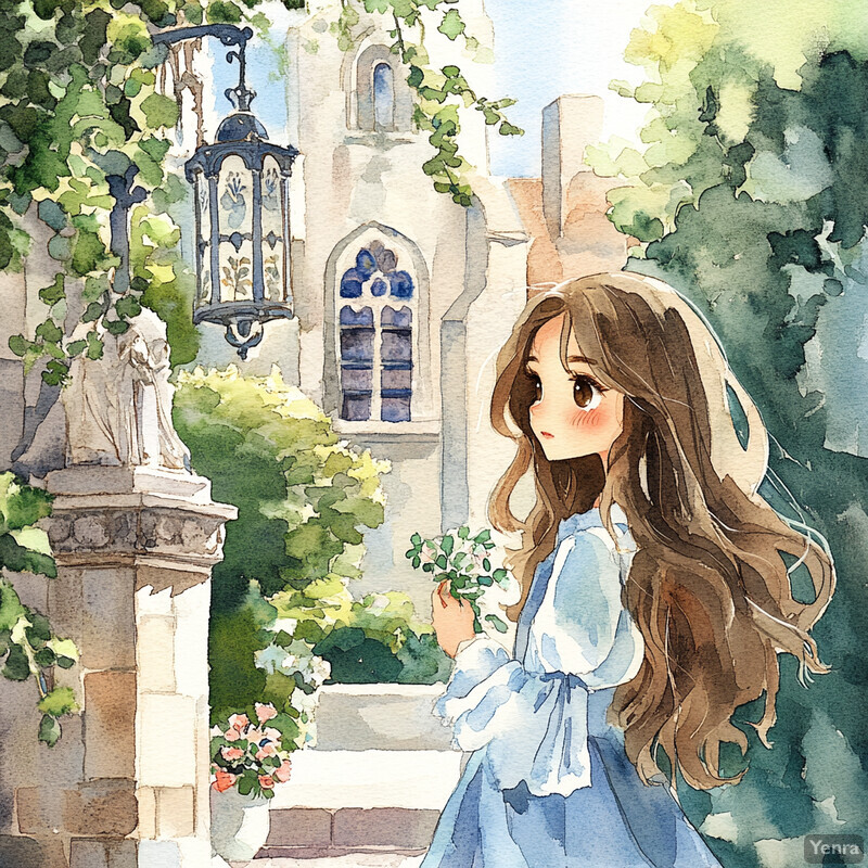 Anime-style girl standing in front of a stone building with arched windows and a lantern hanging from the roof