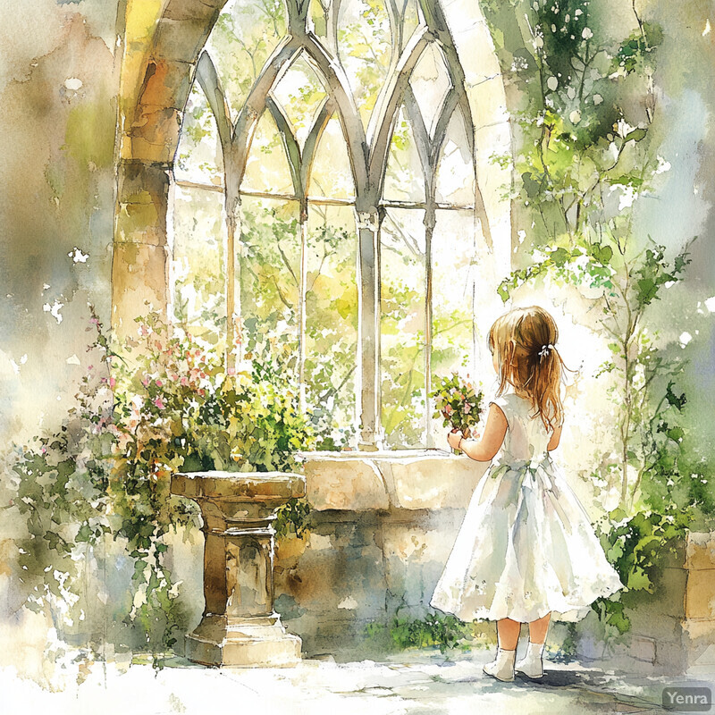 A young girl stands in front of a stone wall surrounded by greenery and flowers, gazing out at something in the distance.