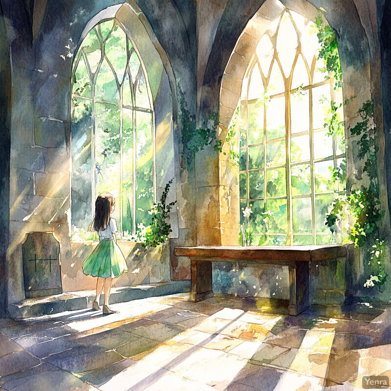 A young girl stands in front of a large window surrounded by greenery, exuding tranquility and calmness.