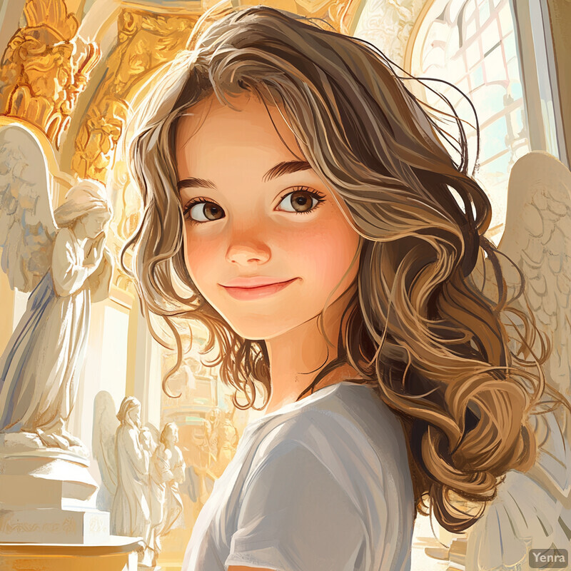 A young girl stands in front of a church interior, looking directly at the viewer with a gentle smile.