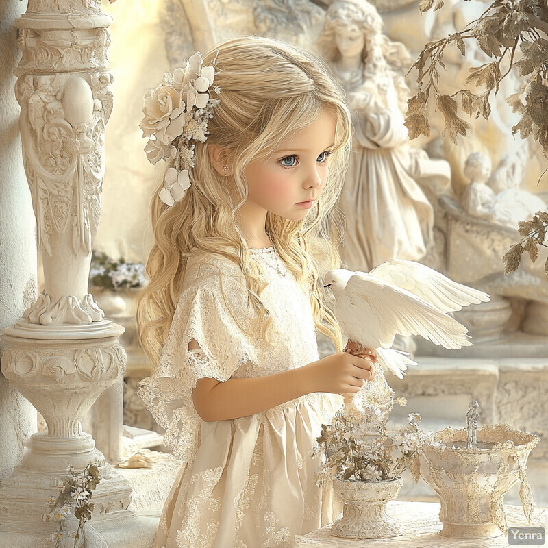 A young girl in an off-white lace dress holding a white dove, surrounded by statues and vases with flowers