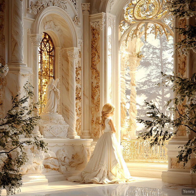 A young girl stands in front of an ornate altar, surrounded by decorative elements, in a chapel setting.