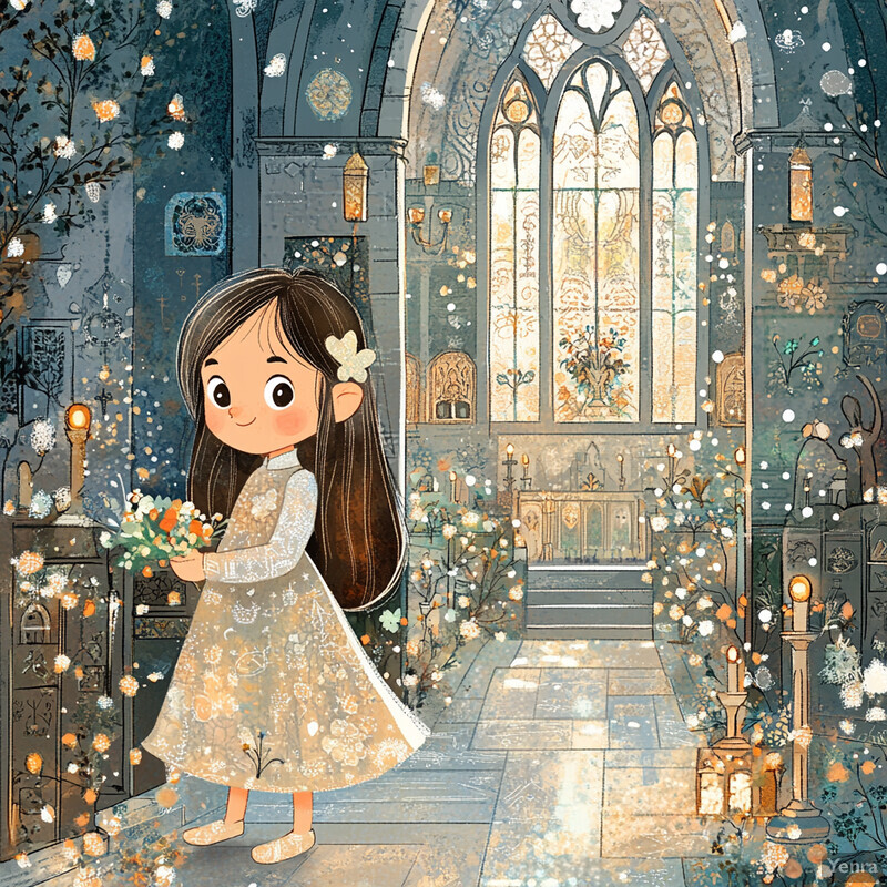 A young girl stands in a chapel surrounded by flowers and candles, holding a bouquet of orange and yellow flowers.