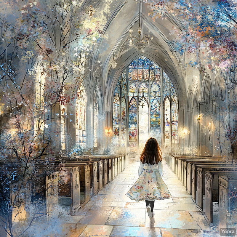 A young girl stands in front of an ornate mirror surrounded by flowers and butterflies