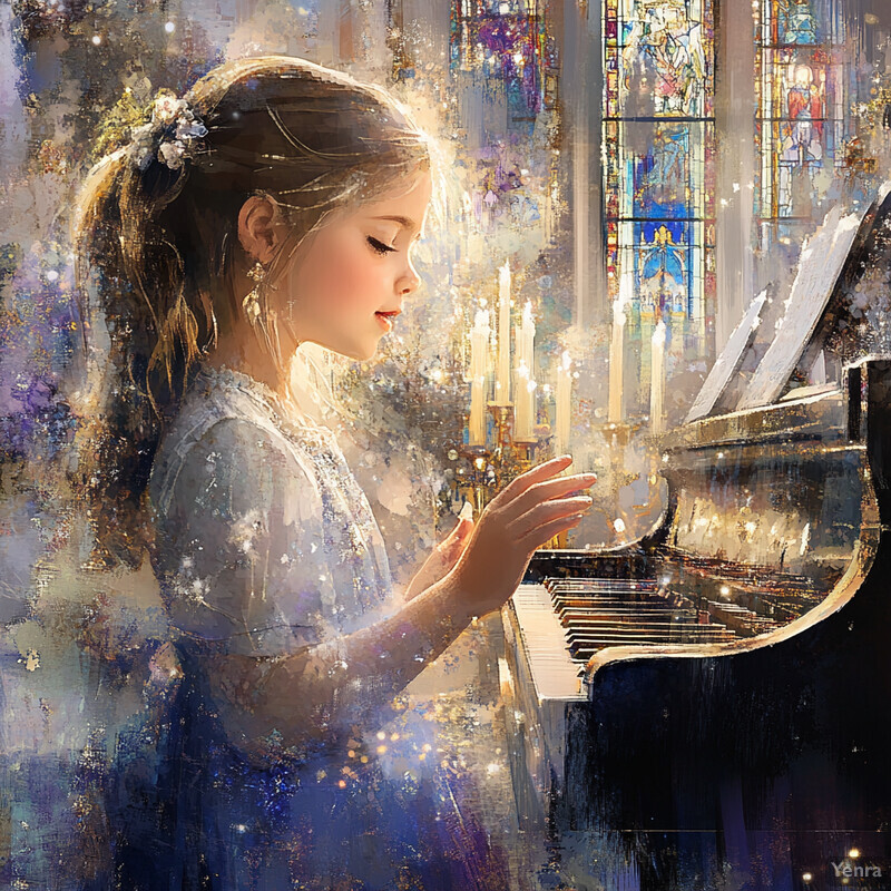 A young girl plays a grand piano in front of a stained glass window