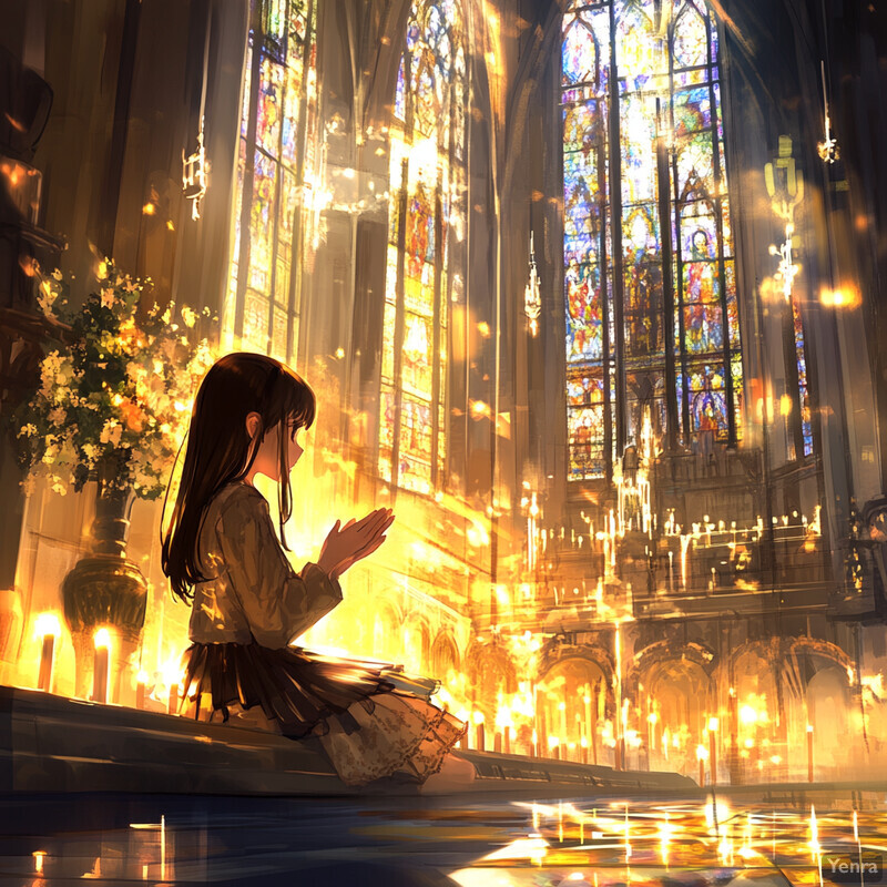 A young girl sits in a peaceful church setting