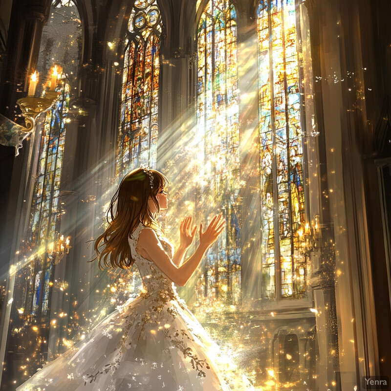 A woman in a stunning white wedding dress gazes upward at something unseen by us, lost in thought.