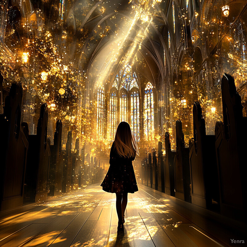 A woman stands confidently in the center of a grand cathedral, surrounded by intricate stone carvings and stained glass windows, exuding an air of serenity and grace.