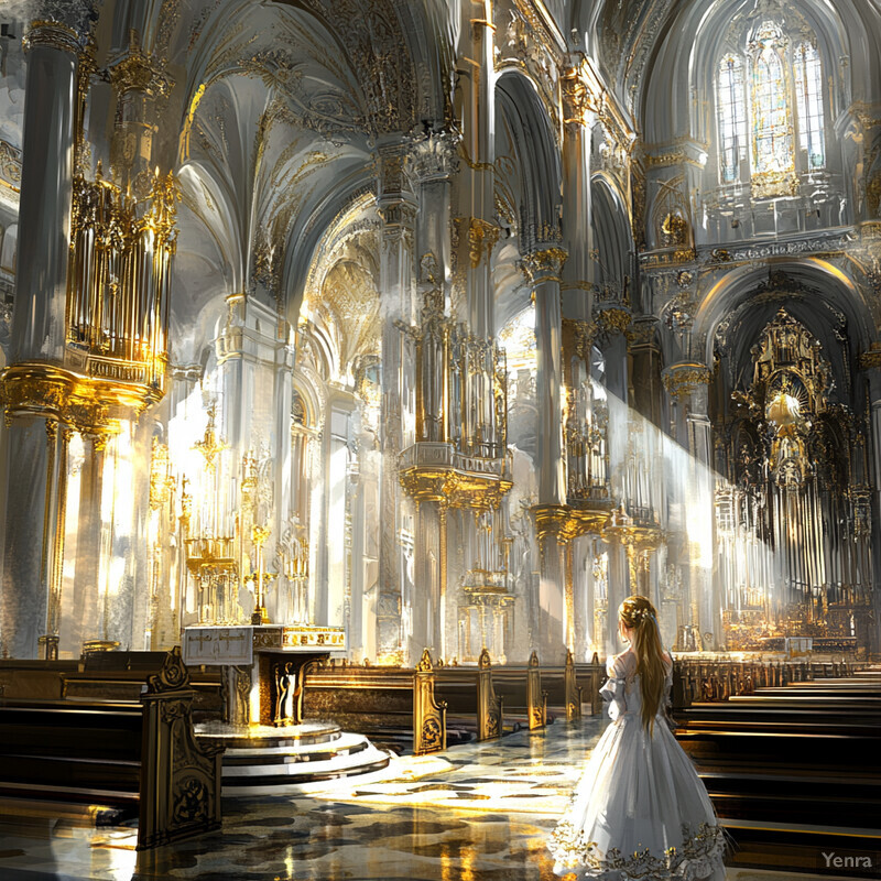 A woman in a white wedding dress stands in an ornate church