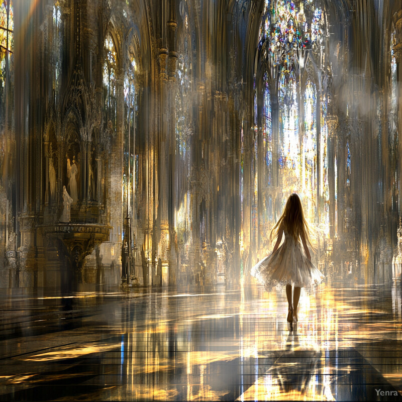 A woman walks away from the viewer towards a stained glass window in an ornate church.