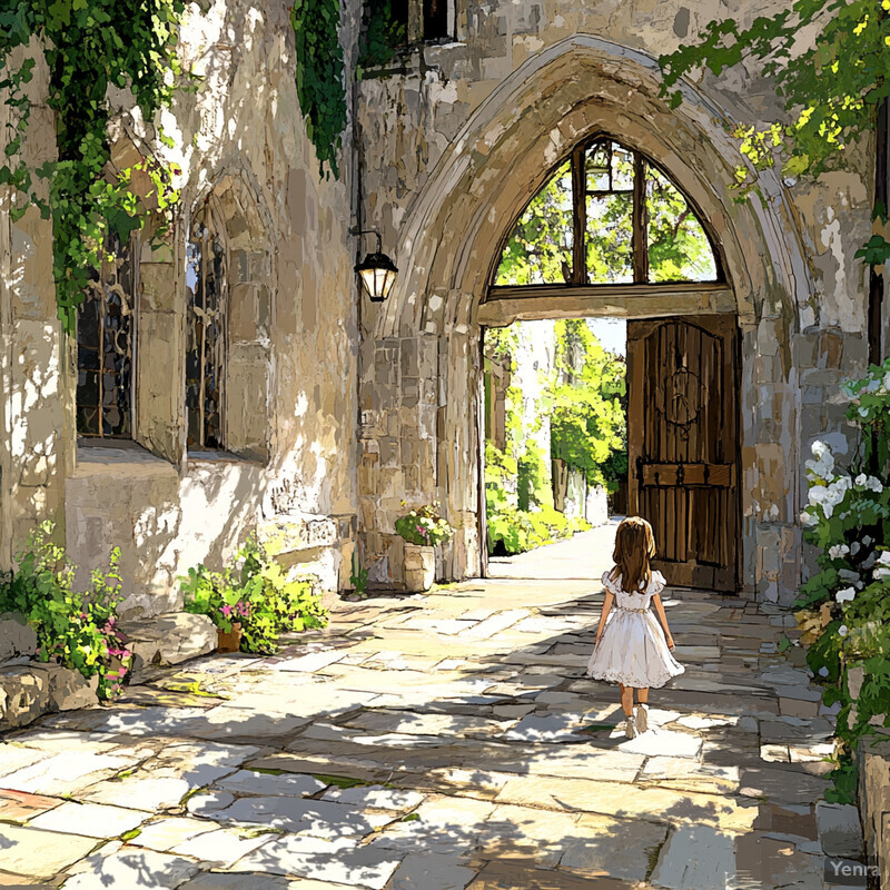 A young girl walks towards an old stone church on a sunny day