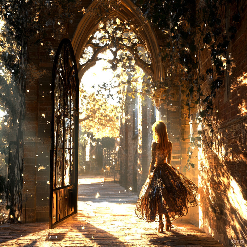 A woman walks through an arched doorway in a churchyard setting