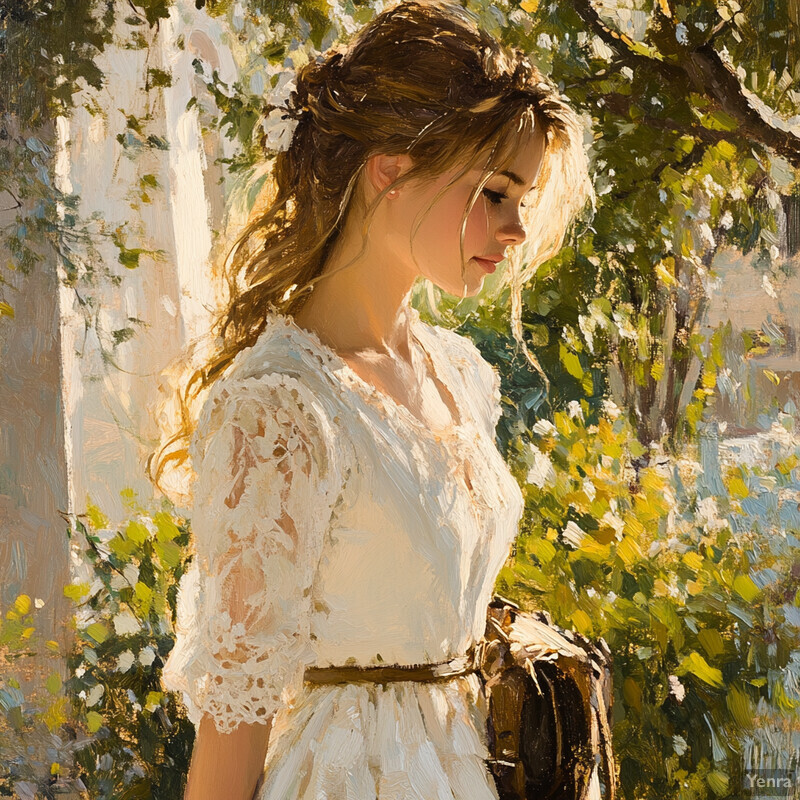 A serene painting of a woman standing in front of trees with green leaves and white flowers, wearing a light-colored dress with lace sleeves