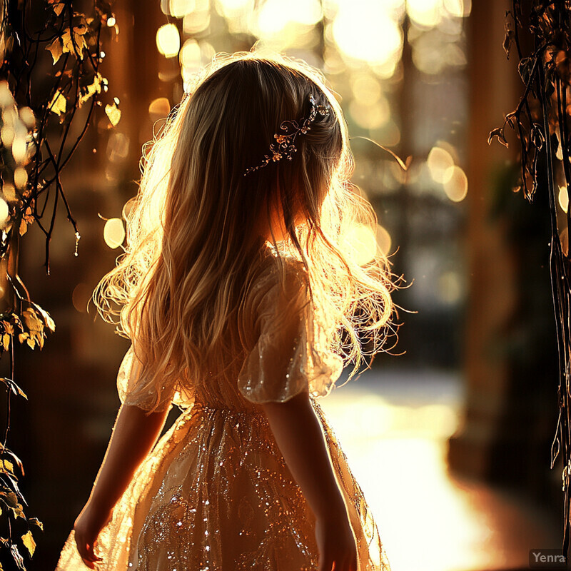 A young girl with long blonde hair and a sparkly dress stands in an outdoor setting.