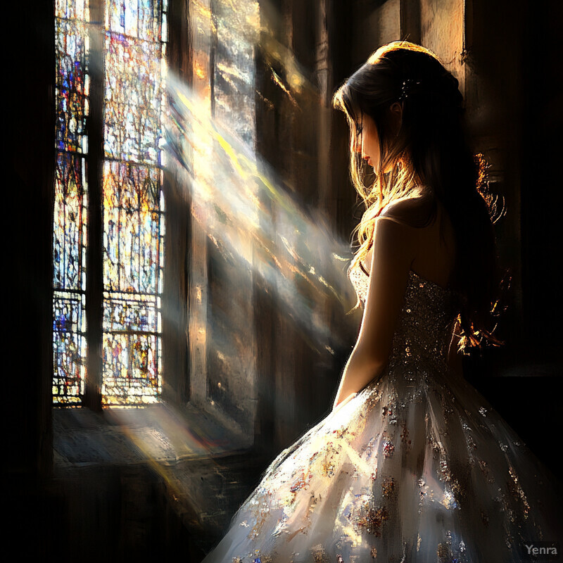 A woman stands in front of a stained glass window, lost in thought.