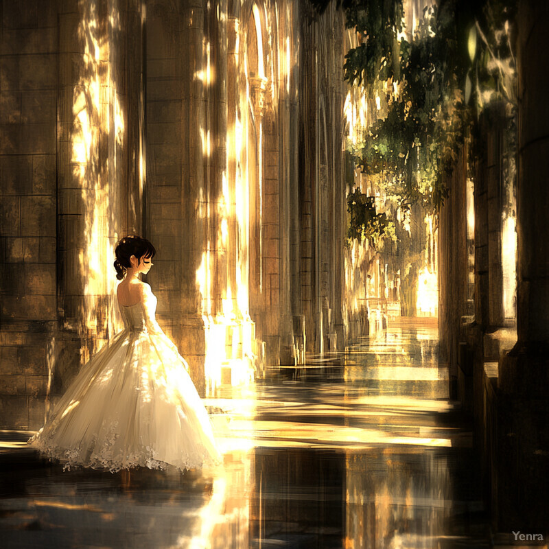 A woman in a white wedding dress stands in front of a stone wall adorned with intricate carvings and ornate details.