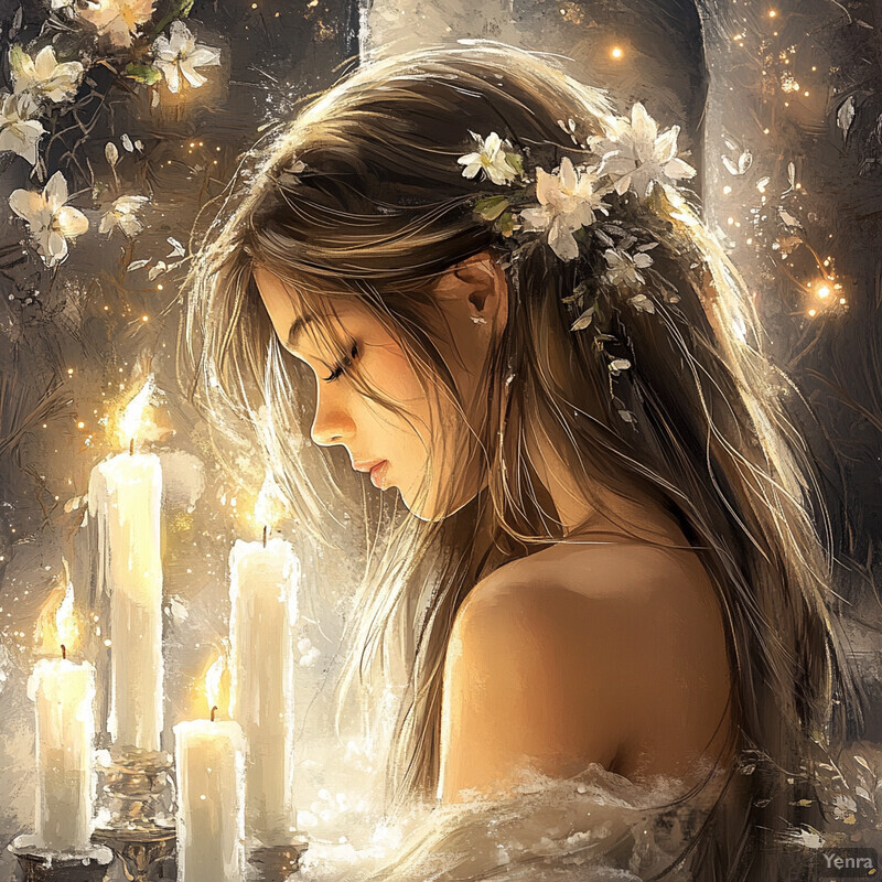 A serene image of a woman surrounded by candles, exuding peace and tranquility.