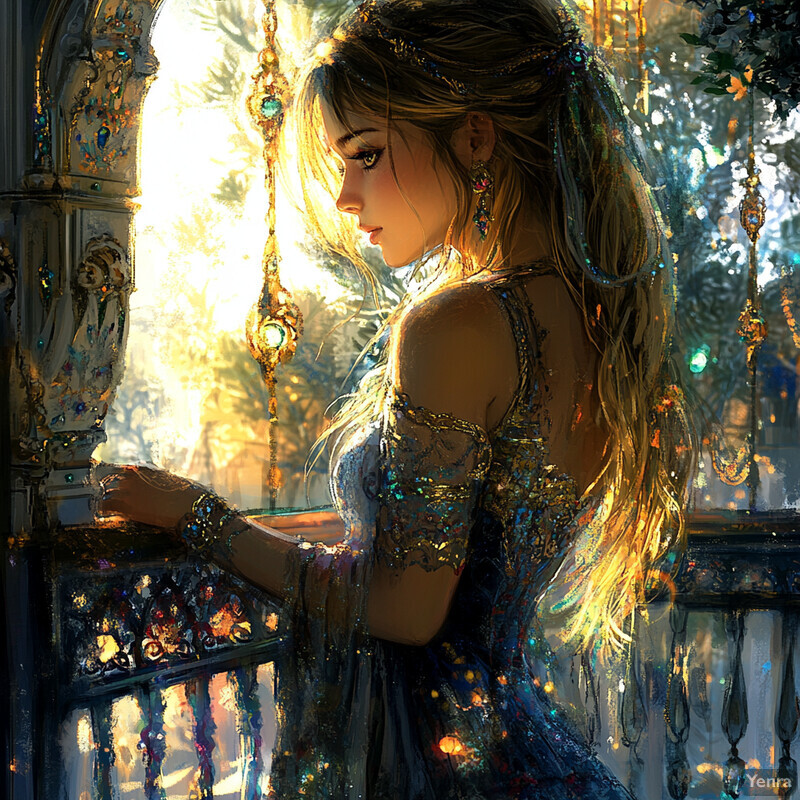 A woman stands in front of an ornate window, gazing out at lush greenery.