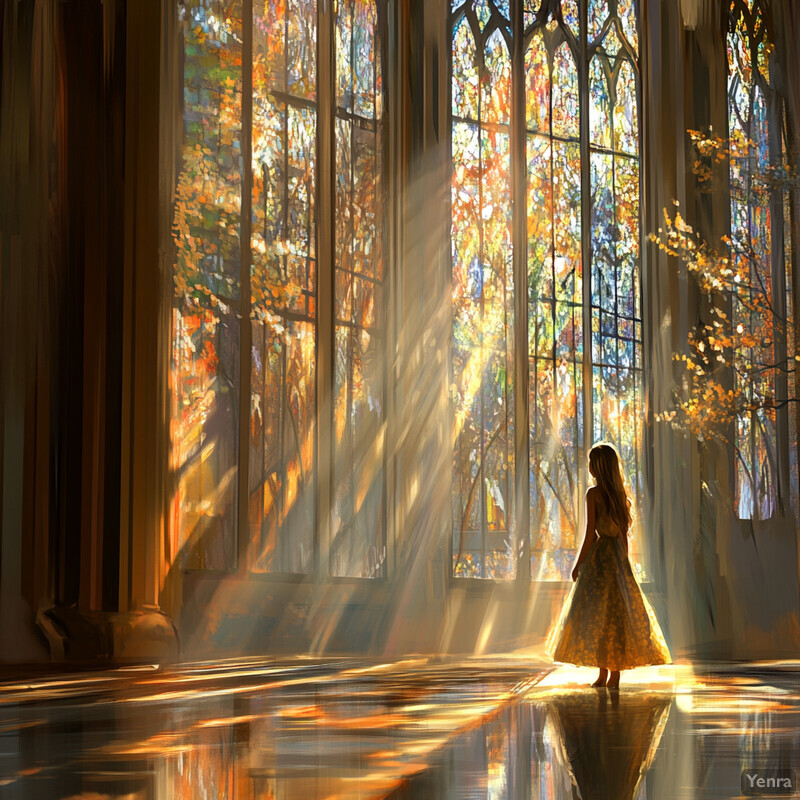 A young girl stands in front of a large stained-glass window, bathed in warm sunlight.