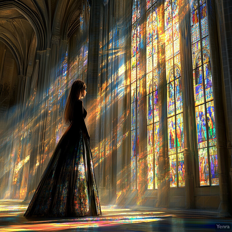 A woman stands in front of a stained glass window, lost in thought.