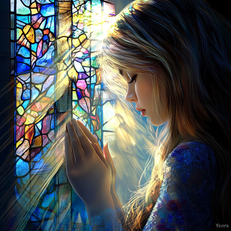 A woman stands in front of a stained glass window, her hands clasped together in prayer or contemplation.